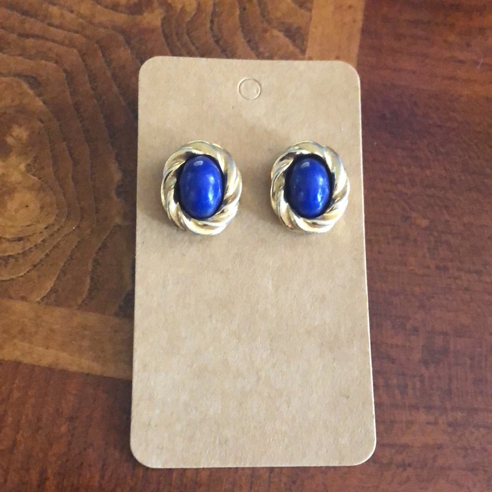 Vintage KJL for Avon blue cabochon glass stone pierced earrings